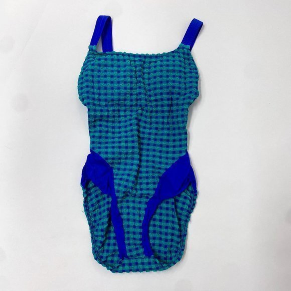 Early 90s Jantzen Teal and Blue poly/nylon Gingham Size 10 Made in the‎ USA